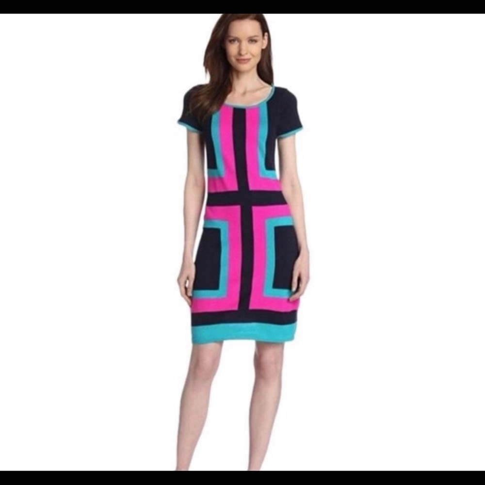 Lilly Pulitzer Knit Color Block Sweater Dress Isabella Dark Navy Teal Pink XS